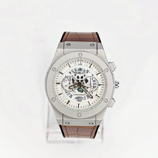 Hublot Skeleton Edition – Silver Case | Transparent Dial | Brown Leather Strap