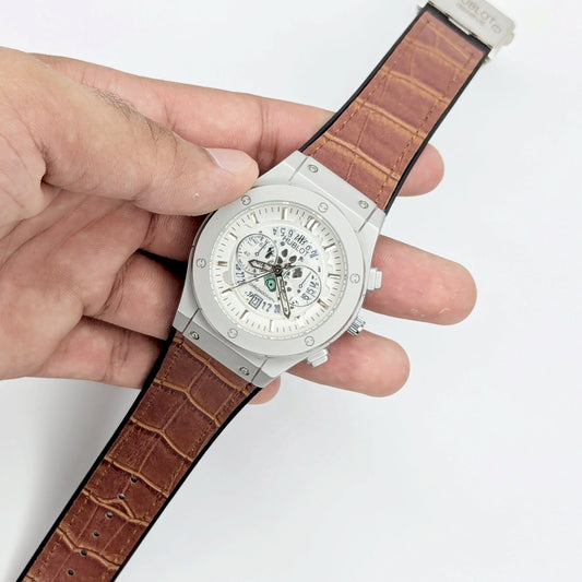 Hublot Skeleton Edition – Silver Case | Transparent Dial | Brown Leather Strap