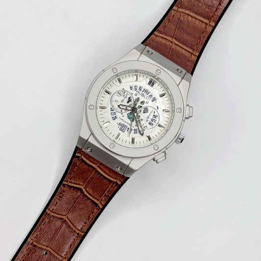 Hublot Skeleton Edition – Silver Case | Transparent Dial | Brown Leather Strap